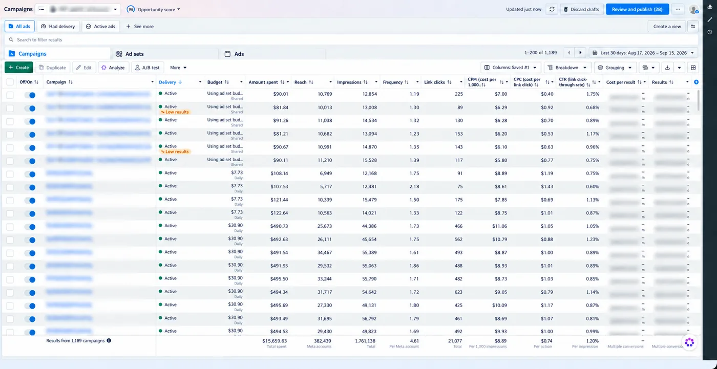 Meta Ads Manager showing 1,189 campaigns, $15,659 spent and $0.74 cost per click